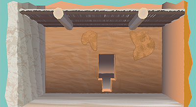 Typical room with hand smoothed walls and T-shaped door